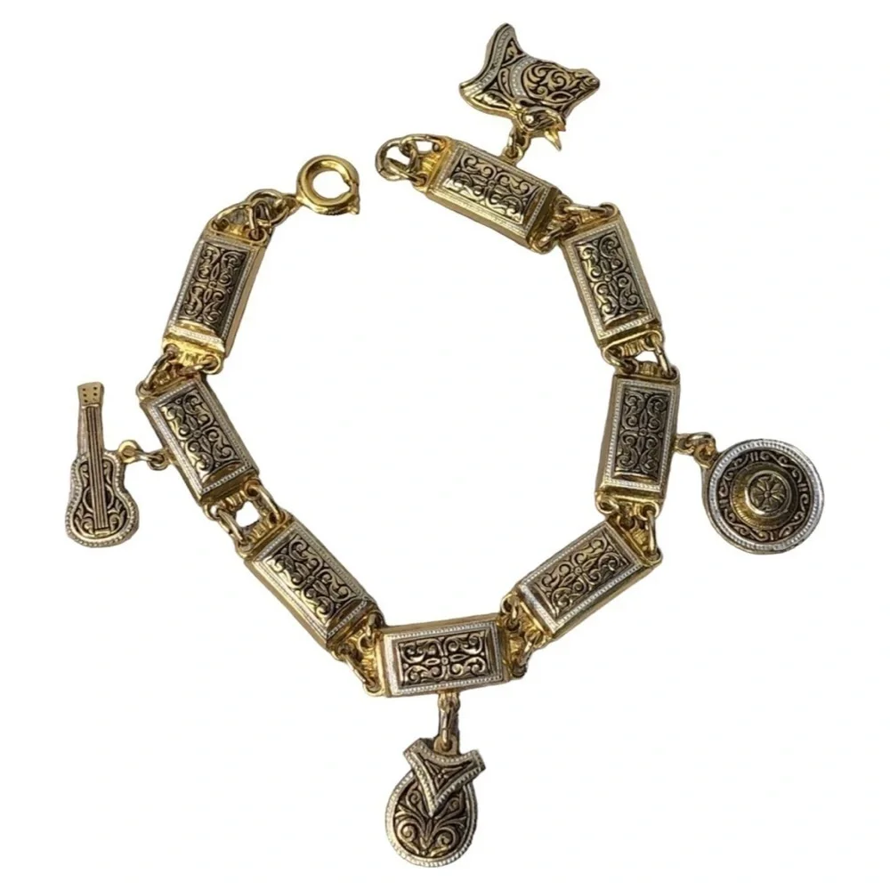 Arabesque Damascene Spanish Charm Link Bracelet